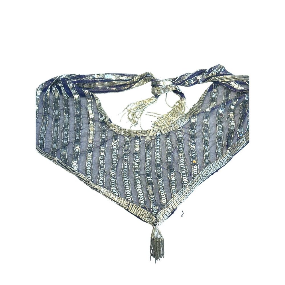 Blue Mesh Silver Sequin Glass Beaded Triangle Shawl Wrap Fringe 23" - Picture 2 of 11